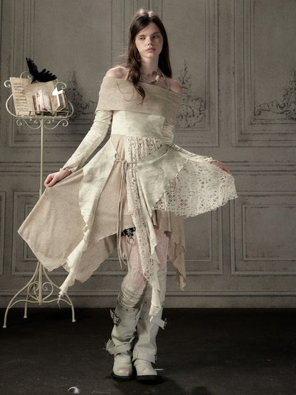 Off-Shoulder Patchwork Halter Long-Sleeve Dress【s0000018930】