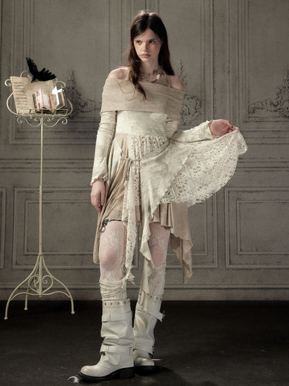 Off-Shoulder Patchwork Halter Long-Sleeve Dress【s0000018930】