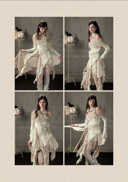 Off-Shoulder Patchwork Halter Long-Sleeve Dress【s0000018930】