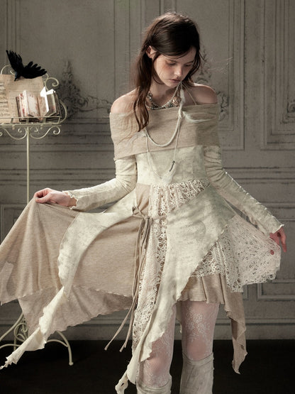 Off-Shoulder Patchwork Halter Long-Sleeve Dress【s0000018930】
