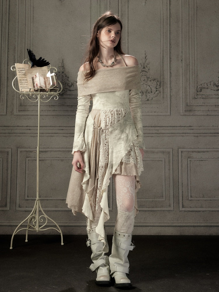 Off-Shoulder Patchwork Halter Long-Sleeve Dress【s0000018930】