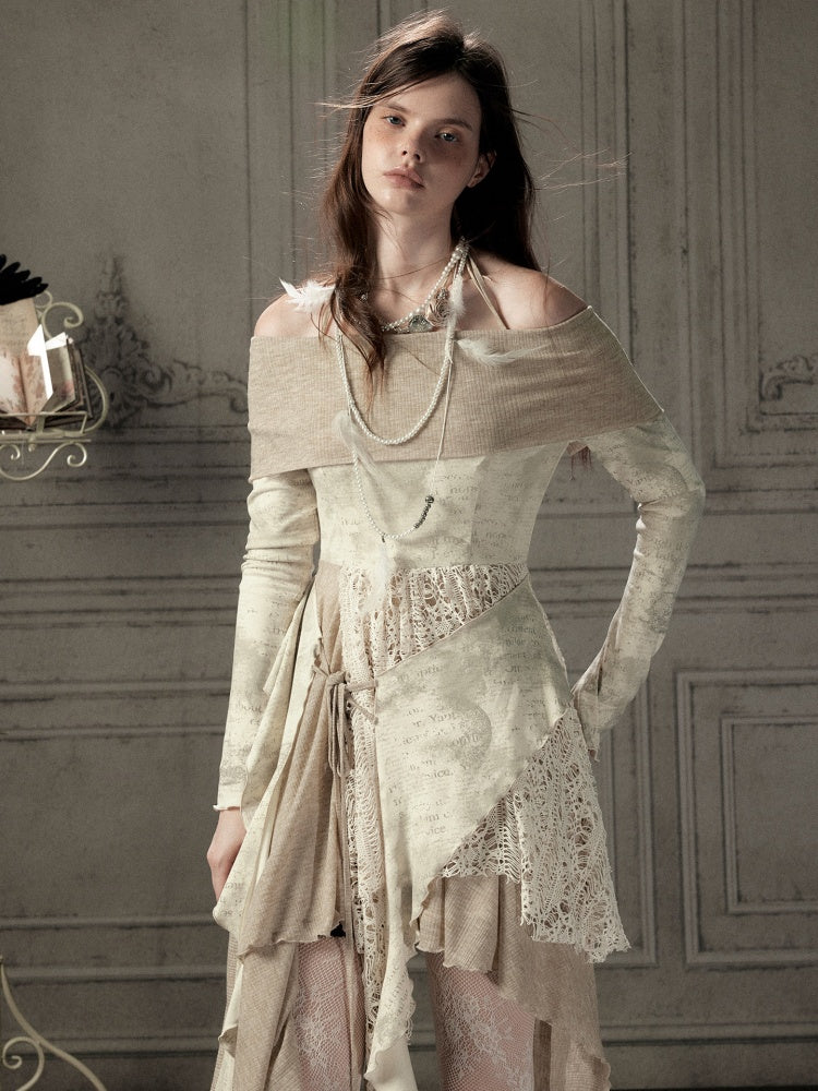 Off-Shoulder Patchwork Halter Long-Sleeve Dress【s0000018930】
