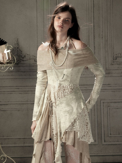 Off-Shoulder Patchwork Halter Long-Sleeve Dress【s0000018930】