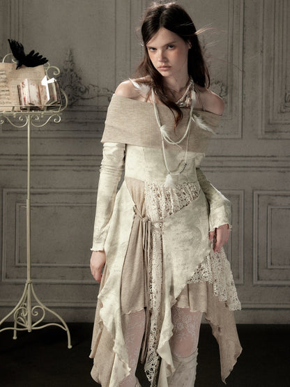 Off-Shoulder Patchwork Halter Long-Sleeve Dress【s0000018930】