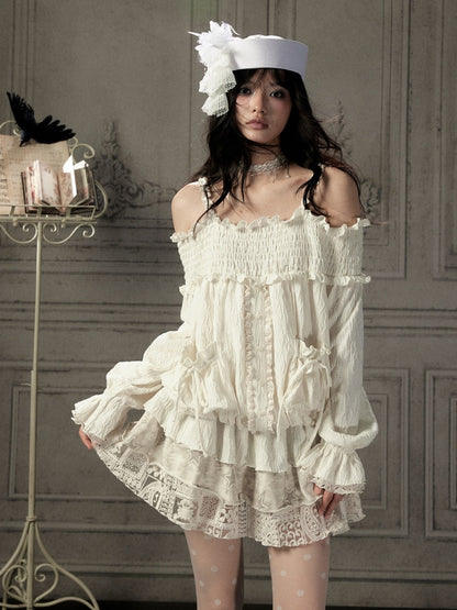 Light Lace Patchwork Off-Shoulder Beige Slip Dress【s0000018931】