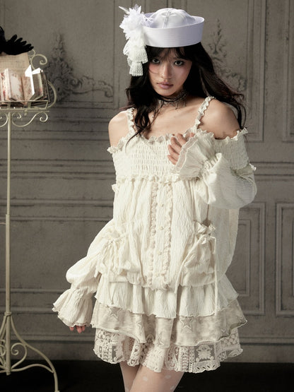 Light Lace Patchwork Off-Shoulder Beige Slip Dress【s0000018931】