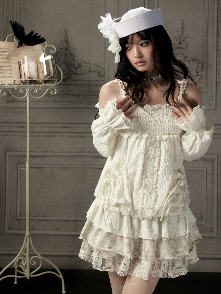 Light Lace Patchwork Off-Shoulder Beige Slip Dress【s0000018931】