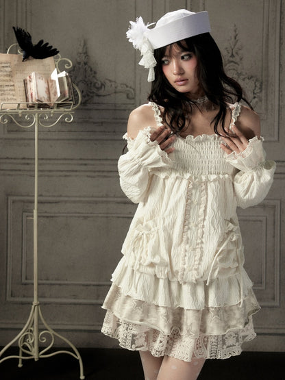 Light Lace Patchwork Off-Shoulder Beige Slip Dress【s0000018931】