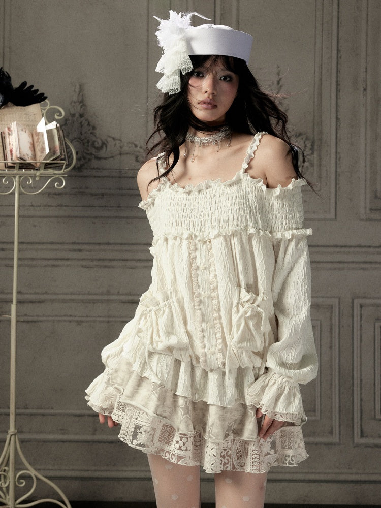Light Lace Patchwork Off-Shoulder Beige Slip Dress【s0000018931】