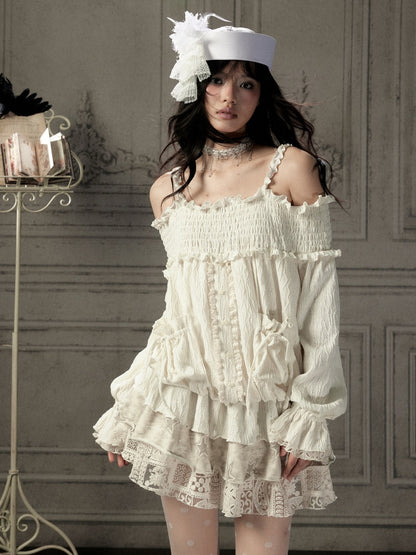 Light Lace Patchwork Off-Shoulder Beige Slip Dress【s0000018931】