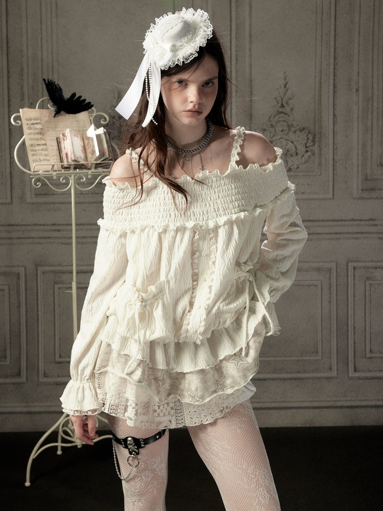 Light Lace Patchwork Off-Shoulder Beige Slip Dress【s0000018931】