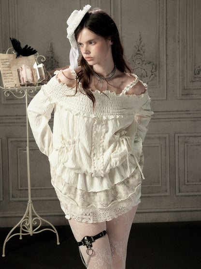 Light Lace Patchwork Off-Shoulder Beige Slip Dress【s0000018931】