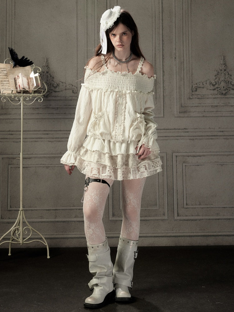 Light Lace Patchwork Off-Shoulder Beige Slip Dress【s0000018931】