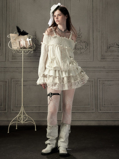 Light Lace Patchwork Off-Shoulder Beige Slip Dress【s0000018931】