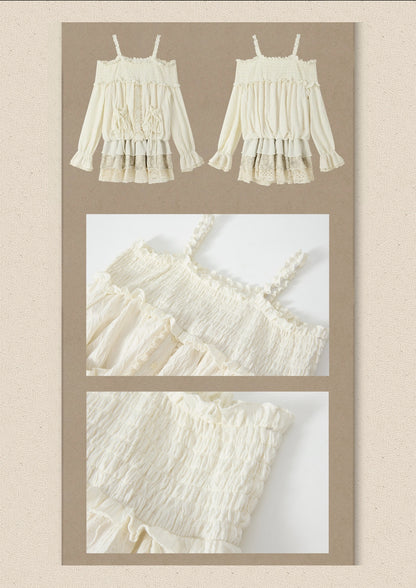 Light Lace Patchwork Off-Shoulder Beige Slip Dress【s0000018931】