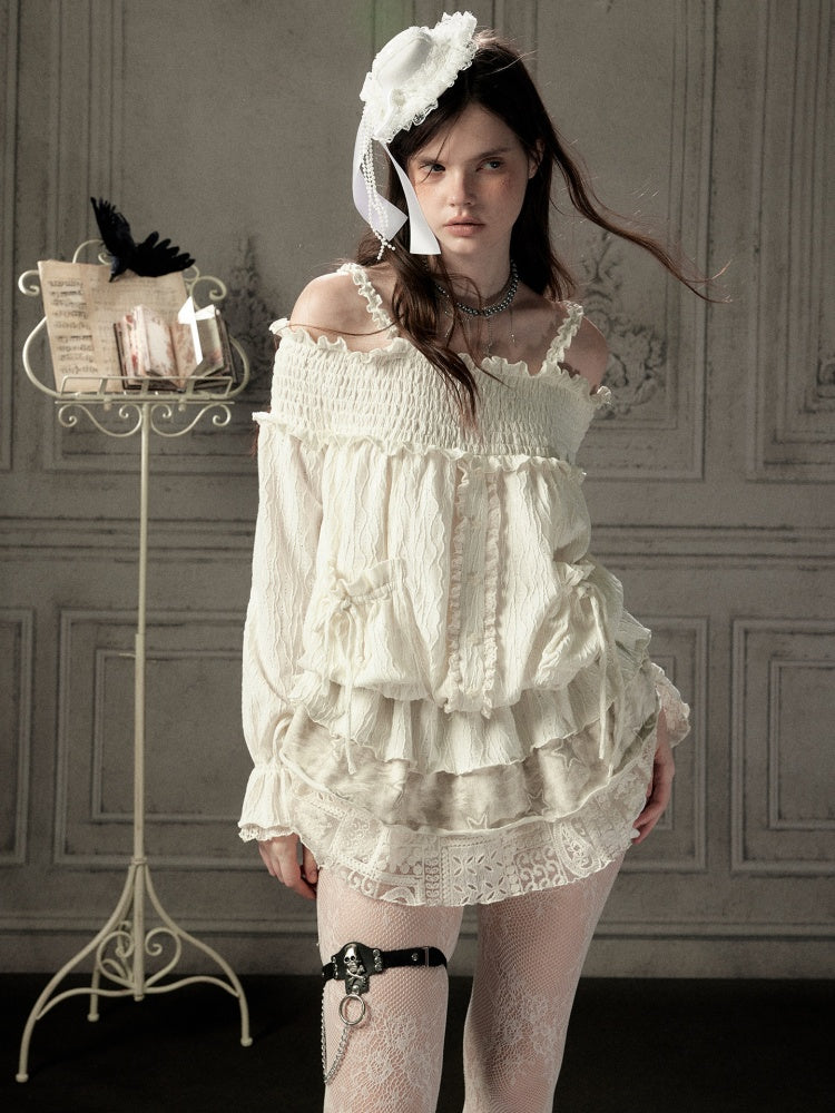 Light Lace Patchwork Off-Shoulder Beige Slip Dress【s0000018931】