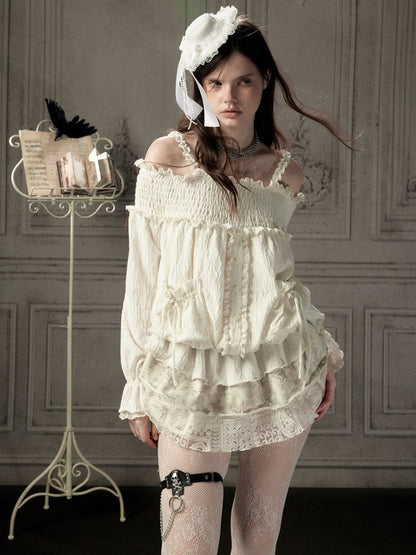 Light Lace Patchwork Off-Shoulder Beige Slip Dress【s0000018931】