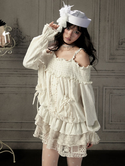 Light Lace Patchwork Off-Shoulder Beige Slip Dress【s0000018931】
