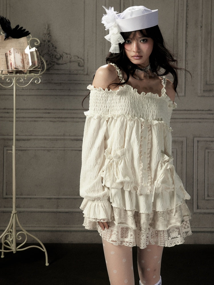 Light Lace Patchwork Off-Shoulder Beige Slip Dress【s0000018931】