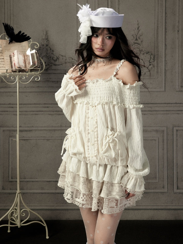 Light Lace Patchwork Off-Shoulder Beige Slip Dress【s0000018931】