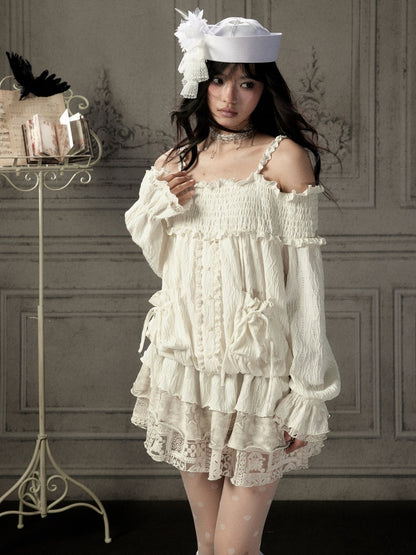Light Lace Patchwork Off-Shoulder Beige Slip Dress【s0000018931】