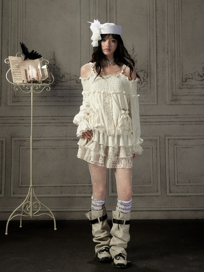 Light Lace Patchwork Off-Shoulder Beige Slip Dress【s0000018931】