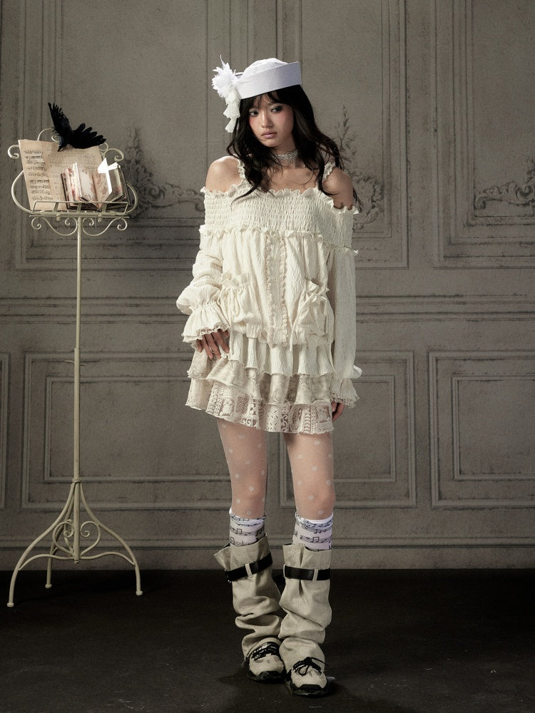 Light Lace Patchwork Off-Shoulder Beige Slip Dress【s0000018931】