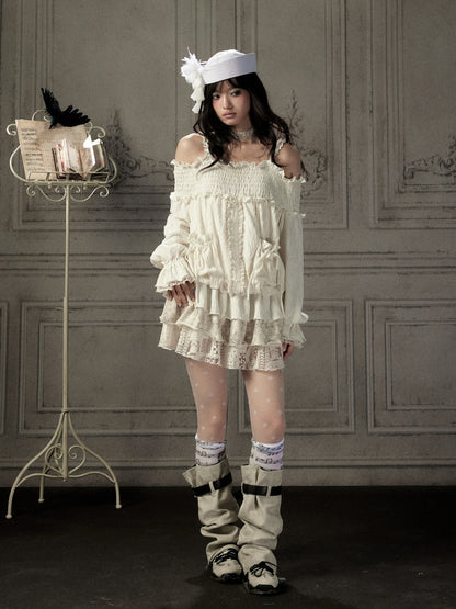 Light Lace Patchwork Off-Shoulder Beige Slip Dress【s0000018931】