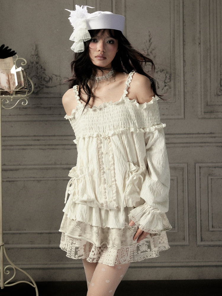 Light Lace Patchwork Off-Shoulder Beige Slip Dress【s0000018931】