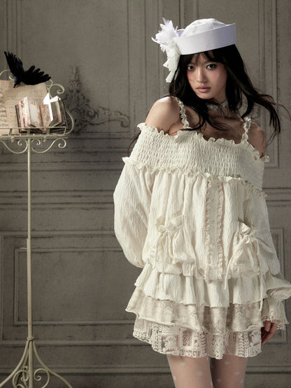 Light Lace Patchwork Off-Shoulder Beige Slip Dress【s0000018931】