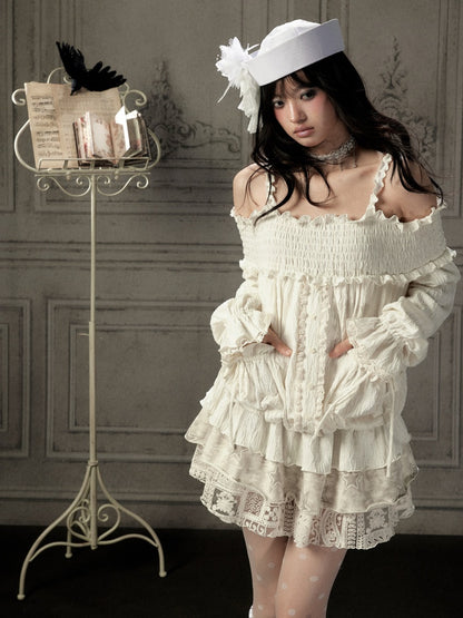 Light Lace Patchwork Off-Shoulder Beige Slip Dress【s0000018931】