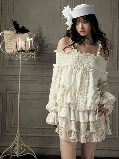 Light Lace Patchwork Off-Shoulder Beige Slip Dress【s0000018931】