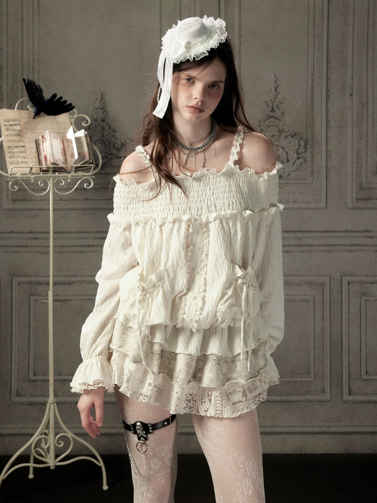 Light Lace Patchwork Off-Shoulder Beige Slip Dress【s0000018931】
