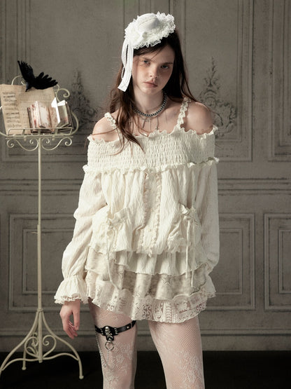 Light Lace Patchwork Off-Shoulder Beige Slip Dress【s0000018931】