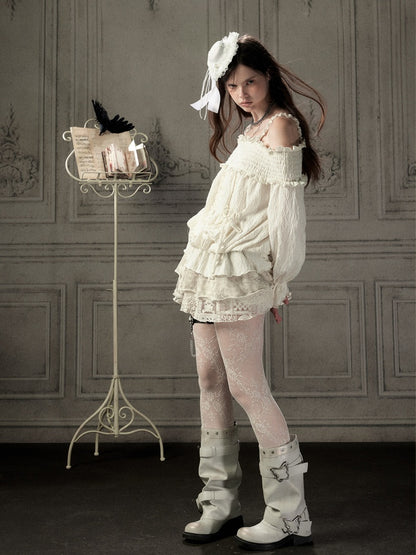 Light Lace Patchwork Off-Shoulder Beige Slip Dress【s0000018931】