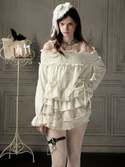 Light Lace Patchwork Off-Shoulder Beige Slip Dress【s0000018931】