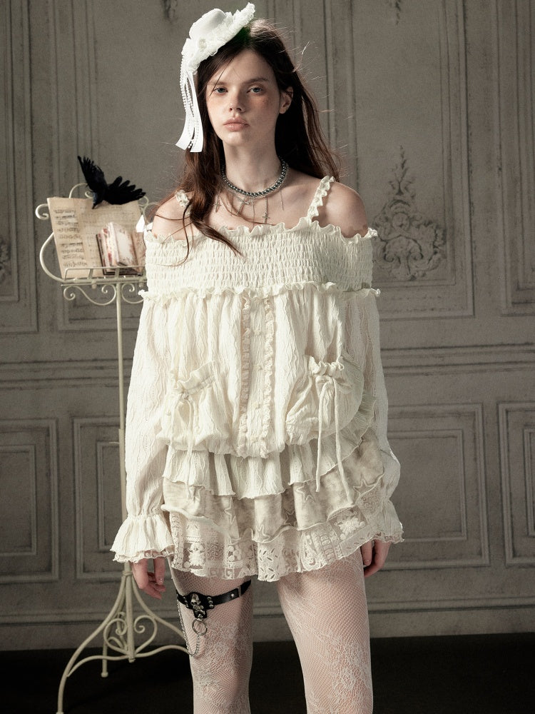 Light Lace Patchwork Off-Shoulder Beige Slip Dress【s0000018931】