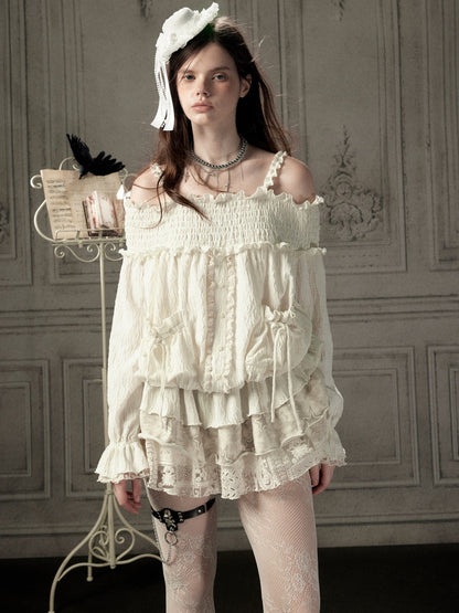 Light Lace Patchwork Off-Shoulder Beige Slip Dress【s0000018931】