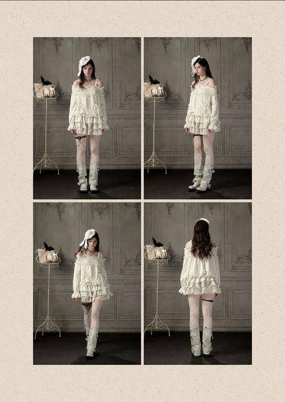 Light Lace Patchwork Off-Shoulder Beige Slip Dress【s0000018931】