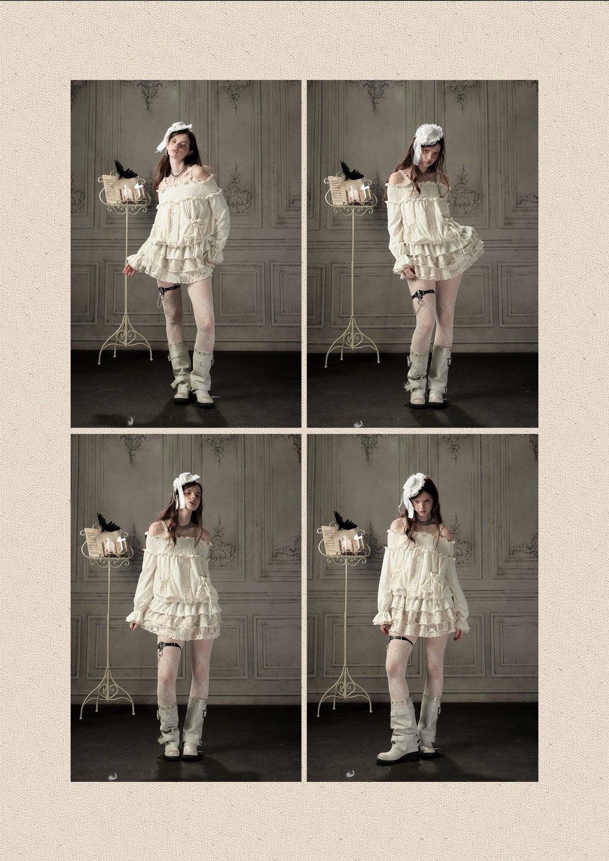 Light Lace Patchwork Off-Shoulder Beige Slip Dress【s0000018931】