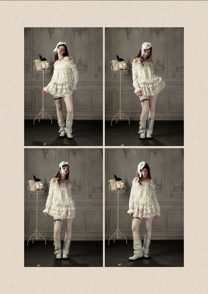 Light Lace Patchwork Off-Shoulder Beige Slip Dress【s0000018931】