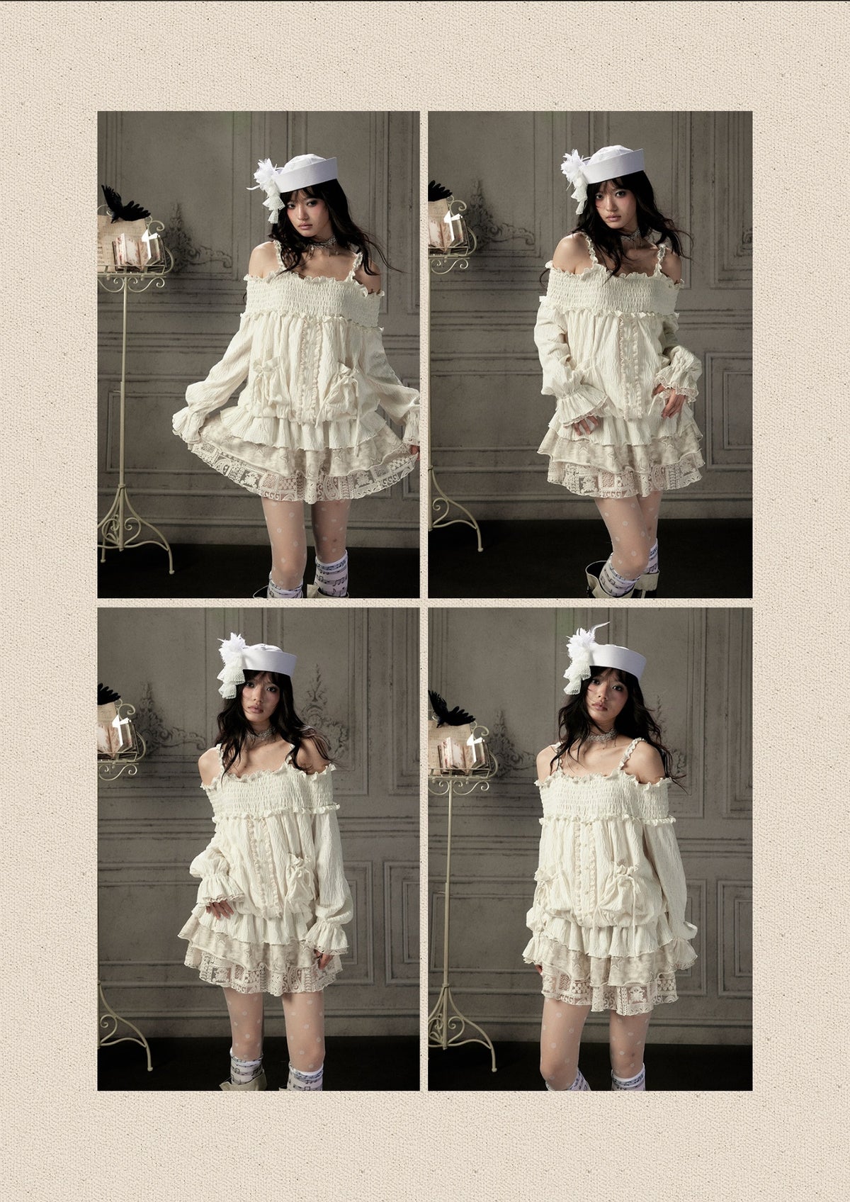 Light Lace Patchwork Off-Shoulder Beige Slip Dress【s0000018931】