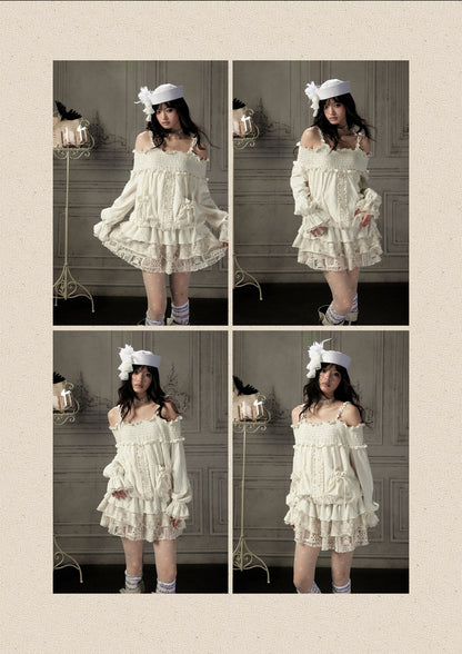 Light Lace Patchwork Off-Shoulder Beige Slip Dress【s0000018931】