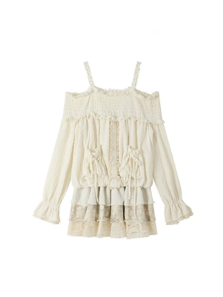 Light Lace Patchwork Off-Shoulder Beige Slip Dress【s0000018931】