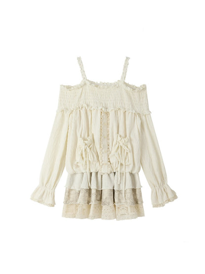 Light Lace Patchwork Off-Shoulder Beige Slip Dress【s0000018931】