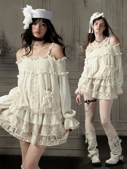 Light Lace Patchwork Off-Shoulder Beige Slip Dress【s0000018931】