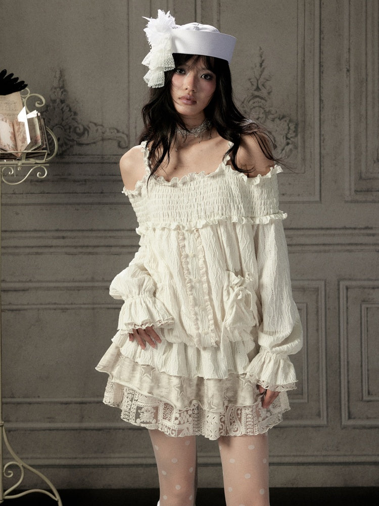 Light Lace Patchwork Off-Shoulder Beige Slip Dress【s0000018931】