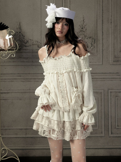 Light Lace Patchwork Off-Shoulder Beige Slip Dress【s0000018931】