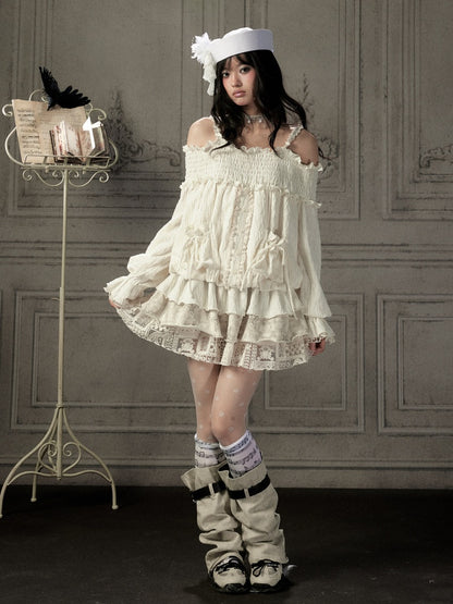 Light Lace Patchwork Off-Shoulder Beige Slip Dress【s0000018931】