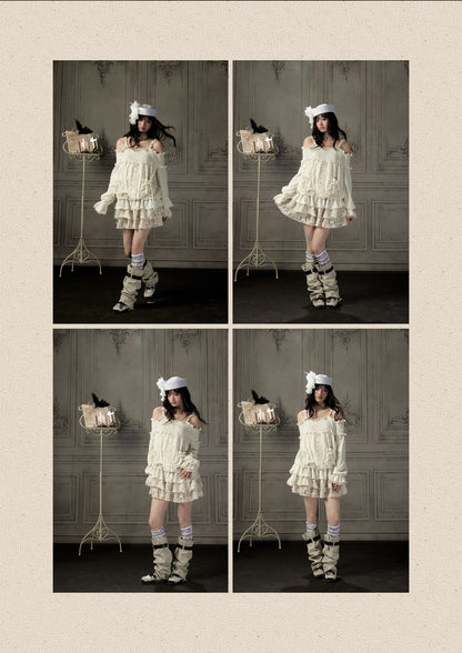 Light Lace Patchwork Off-Shoulder Beige Slip Dress【s0000018931】